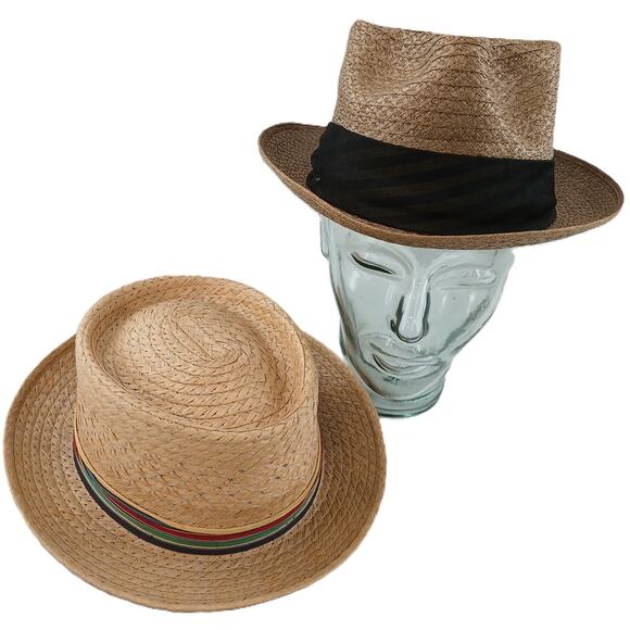 Lot of 2 Vintage Straw Skimmer Boater Hats Size 6 7/8 W/ Band Classic Hat